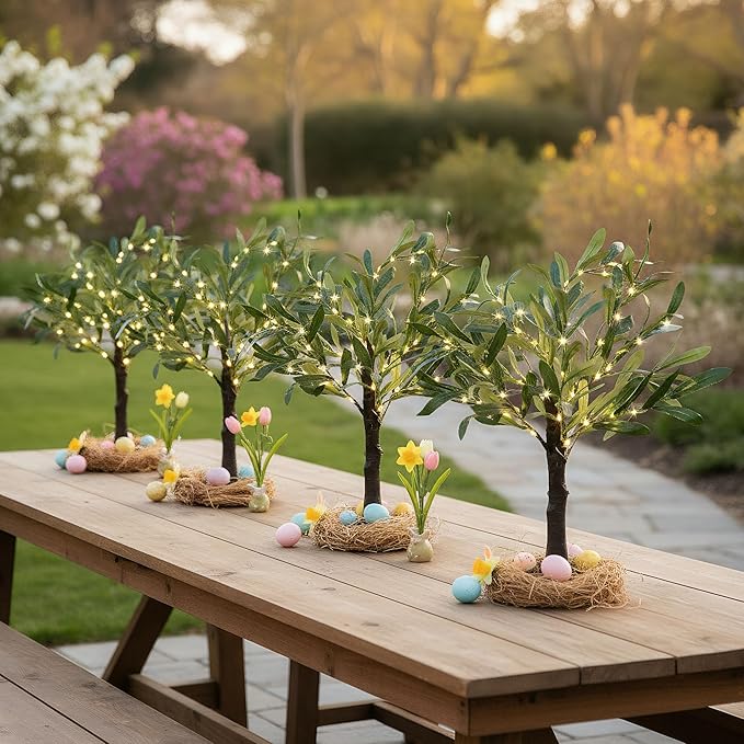 2FT Easter Olive Tree with LED Lights, 30 LED Artificial Twinkle Tree with Timer, Lighted Greenery Tree Bonsai Fairy Tabletop Lamp Tree for Home Decor