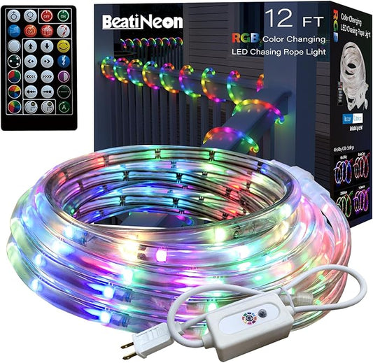 RGB Strip Lights with IR Remote Control, 12FT RGB LED Outdoor Rope Lights, Waterproof Neon LED Lights Hoilday Preset 500+ Colors for Bedroom Living Room Patio Christmas Decor (12ft)