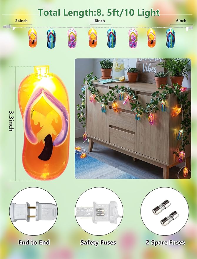 8.5Ft Tricolor Slipper String Lights, Summer Tropical Beach Party Decorations Lights with 10 LED Colorful Flip Flop Bulbs, Hanging Slipper Lights Waterproof for Home Camp Tent Holiday Party Decor