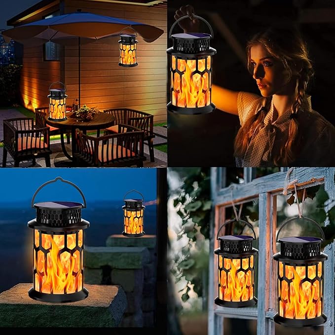 Solar Lanterns Outdoor Waterproof, Flickering Flame Hanging Solar Lantern Camping Solar Powered Lights Decorative Lights for Christmas Decorations Home Garden Patio Deck Yard Path, 2 Pack