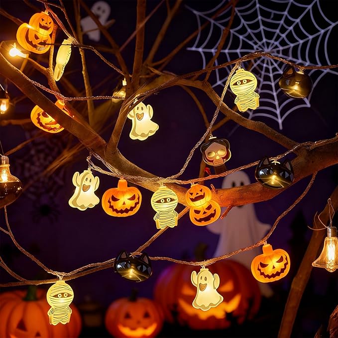 Halloween Decorations 20LED 9.8FT Pumpkin String Lights Batteries Operated Battery String Lights Outdoor Indoor Orange Pumpkin White Ghosts Vampires Mummies Halloween Party Decorations