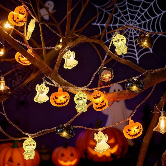 Halloween Decorations 20LED 9.8FT Pumpkin String Lights Batteries Operated Battery String Lights Outdoor Indoor Orange Pumpkin White Ghosts Vampires Mummies Halloween Party Decorations