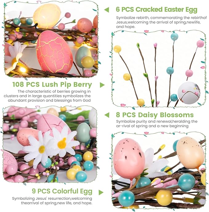 6 FT Pre-Lit Easter Garland with 20 LED Lights & 8 Mode Timer, Mixed Pastel Easter Pip Berry Spring Galand for Mantle Decorations, Lighted Artificial Easter Egg Garland for Fireplace Table Holiday