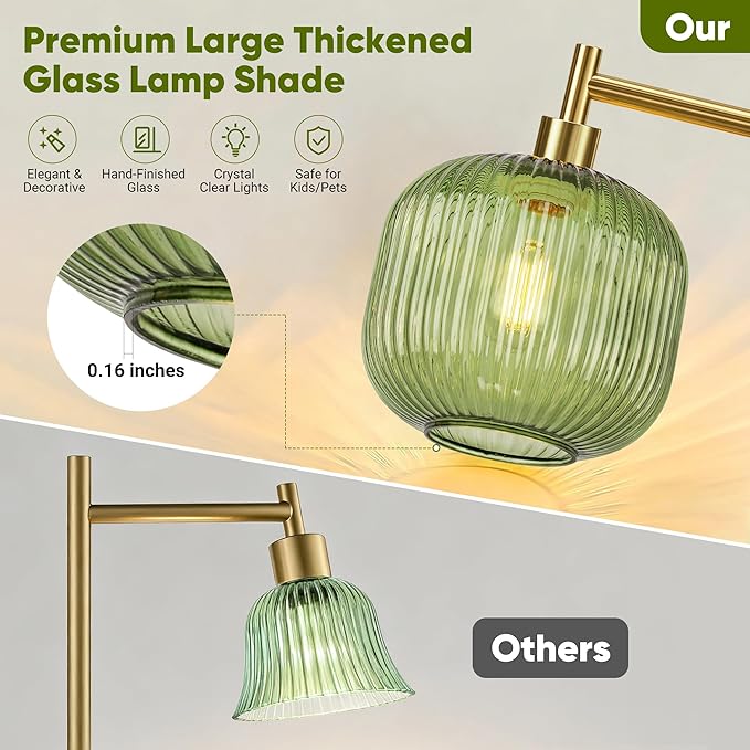 QiMH Glass Floor Lamp for Living Room, Modern Standing Lamp with Green Ribbed Glass Lampshade, Stepless Dimmable Rotary Switch, 67” Tall Lamp for Bedroom Home Decor, Brushed Gold