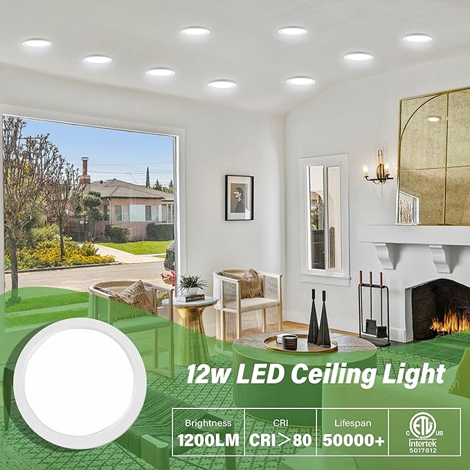 7.3" Flush Mount Dimmable LED Ceiling Light - 12W 5000K, Ultra Thin Round, White, 9Pack for Bedroom, Bathroom, Kitchen, Hallway, Basement, Closet