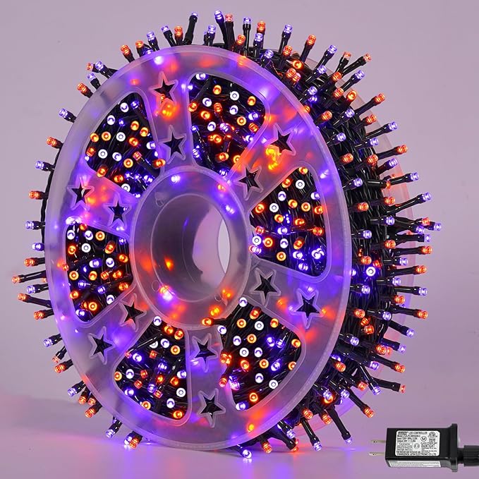 QITONG 165ft 500 LED Orange and Purple Halloween Lights Outdoor Waterproof, String Lights for Outside with 8 Modes, Green Wire Twinkle Lights Plug in Indoor