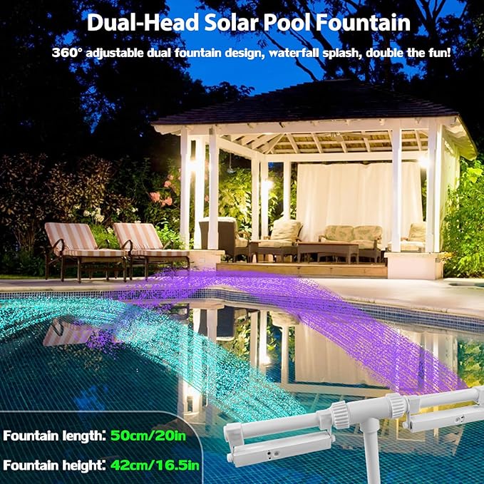 Solar Pool Fountain with Lights, 7 Color Changing Pool Light with Remote & Timer, Dimmable Dual-Head Adjustable Pool Sprinkler Waterfall Fountain, Pool Decor for Above-Ground In-Ground Pools (Solar)