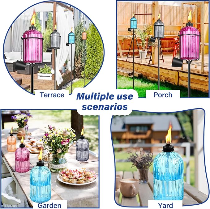 4 Pack Glass Garden Torch, 13.5 oz Colorful Outdoor Torch Garden Décor, 61-Inch Upgraded Citronella Torches with 3-Prong Grounded Stake, Metal Light Torches for Party Patio Pathway