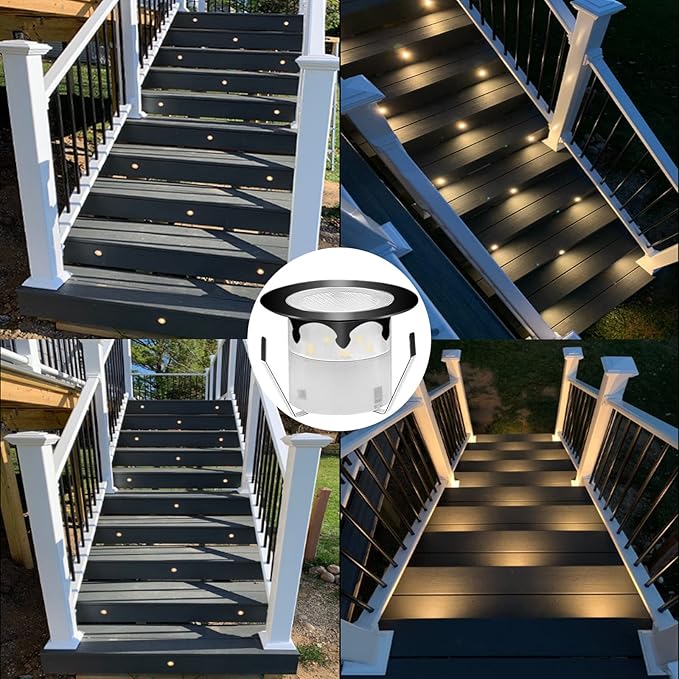 LED Outdoor Deck Lights with Photocell, Warm White Φ1.77in Low Voltage 12V DC IP67 Waterproof, Electric Wired Recessed Round Up Landscape Lighting for Yard Stair Step Floor Riser, 8 Pack Black