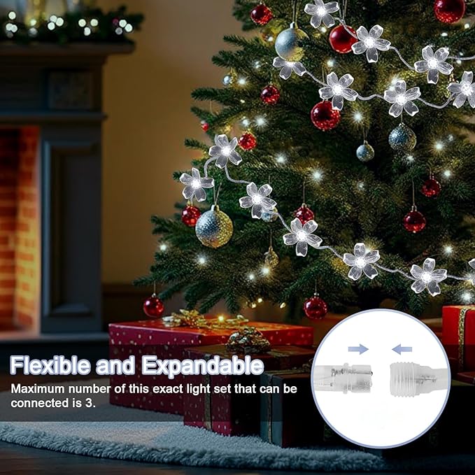 LAMPHOME White Flower String Lights, 33ft 100 LED Cherry Blossom Plug in Easter Christmas Tree Hanging Fairy Lamp, 16funstions Garden Bedroom Indoor Decorations for Fence, Wedding Birthday Party