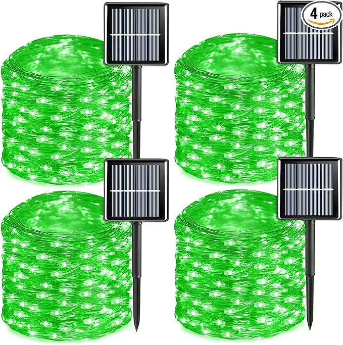 YEGUO 4 Pack Green Solar Fairy Lights, Each 33ft 100 LED Christmas Lights Outdoor Waterproof, 8 Modes Sliver Wire Solar String Lights