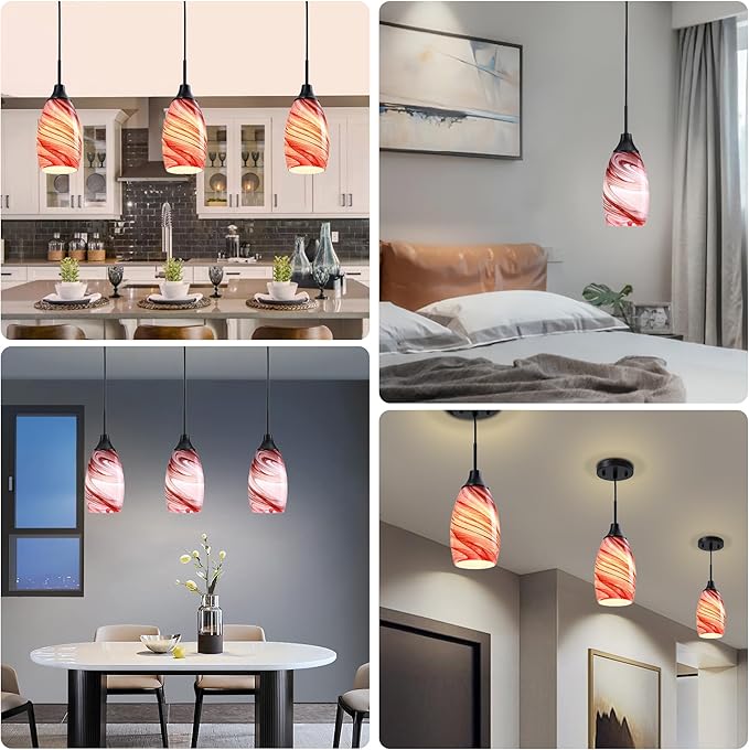3-Pack Mini Glass Pendant Light with Handblown Burgundy Marble Art Glass Hanging Light 4.72" Oval Ceiling Hanging Light Fixture for Dining Room Kitchen Island Cafe Foyer Hallway