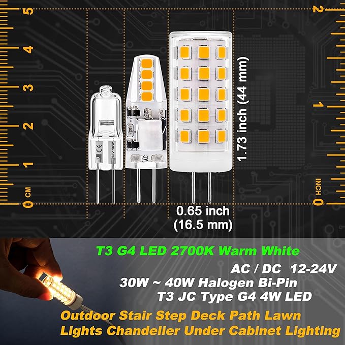 T3 G4 LED Landscape Bulb 2700K Warm White 400lm 30W-40W Halogen Bi-Pin T3 JC Type G4 4W AC/DC 12V-24V for Outdoor Stair Step Deck Path Lawn Lights Chandelier Under Cabinet Lighting, 8 Pack