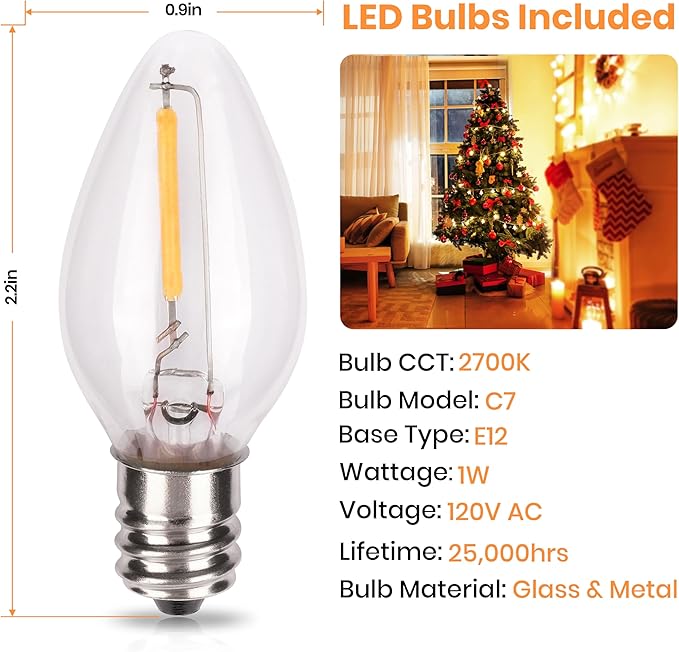 2 Sets Accessory Cord with 2 LED C7 Light Bulb, 5Ft Salt Lamp Cord Replacement with On/Off Switch Plugs E12 Socket for Halloween Pumpkin, Christmas Village House, Holiday Decorations and Crafts