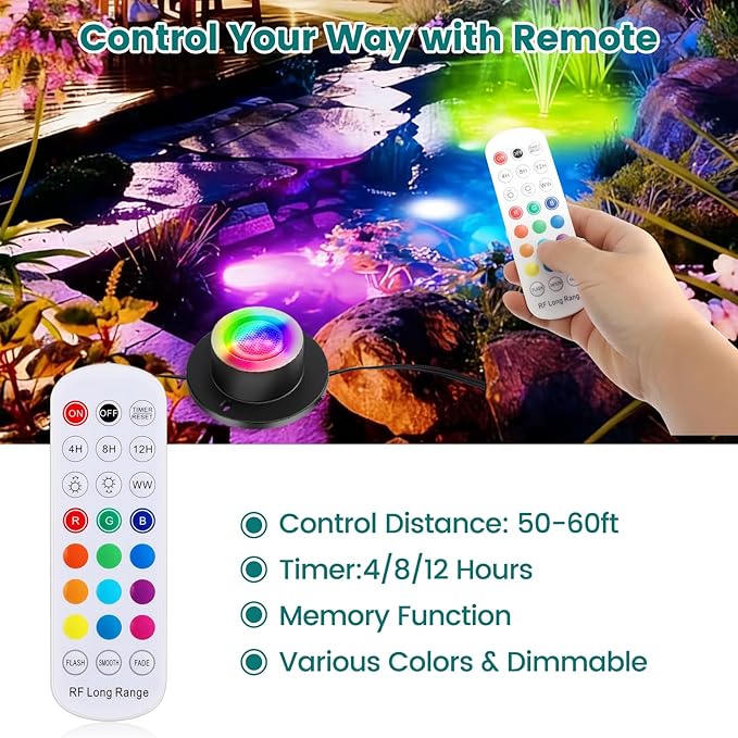Pond Lights LED Underwater - Waterproof RGBW Fountain Lights Submersible Outdoor Waterfall Light Underwater Light with Transformer, Remote, Timer, Light Sensor for Ponds, Fountains