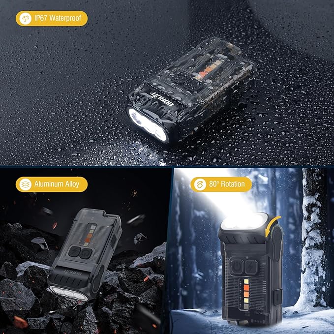 BORUIT V15 LED Small Powerful EDC Flashlight with Warm White Red Light,Bright 1200LM USB C Rechargeable 10 Modes Mini Pocket Keychain Flash Light with Clip,IP67 Waterproof,80°Head Swivels,Tail Magnet