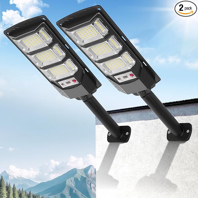 Solar Street Lights Outdoor 2 Pack, 6500K Solar Lights Outdoor Waterproof with Motion Sensor, Lamparas Luces Solares para Exteriores Dusk to Dawn Commercial Lighting for Yard Path