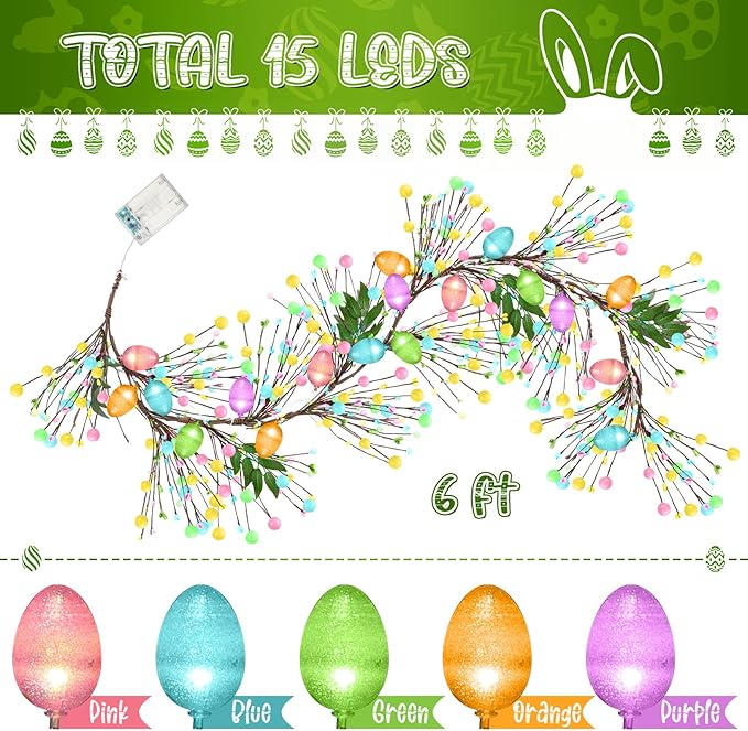 Enhon Lighted Easter Garland with 8 Lighting Modes, 15 LED Colorful Glitter Easter Egg Garland Lights Timer, Battery Operated Egg & Mixed Berry Decoration for Spring Mantle Home Fireplace Indoor Decor
