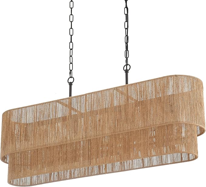 42” Boho Chandelier Coastal 2 Layers Hand Woven Rattan Pendant Light Linear Large Island Light for Dining Room Kitchen Island Living Room, UL Listed
