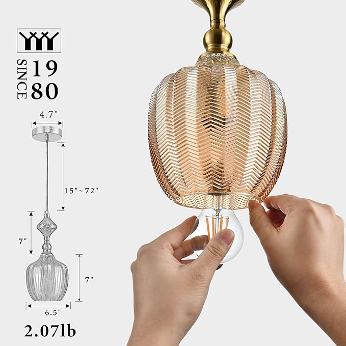 Modern Glass Pendant Light, 6.5"x14" Amber Sunset-Striped Hanging Fixture with Gold Cap, 15"-72" Adjustable Line, E26 Socket for Dining Room or Lounge – Sunset Gold Bordeaux