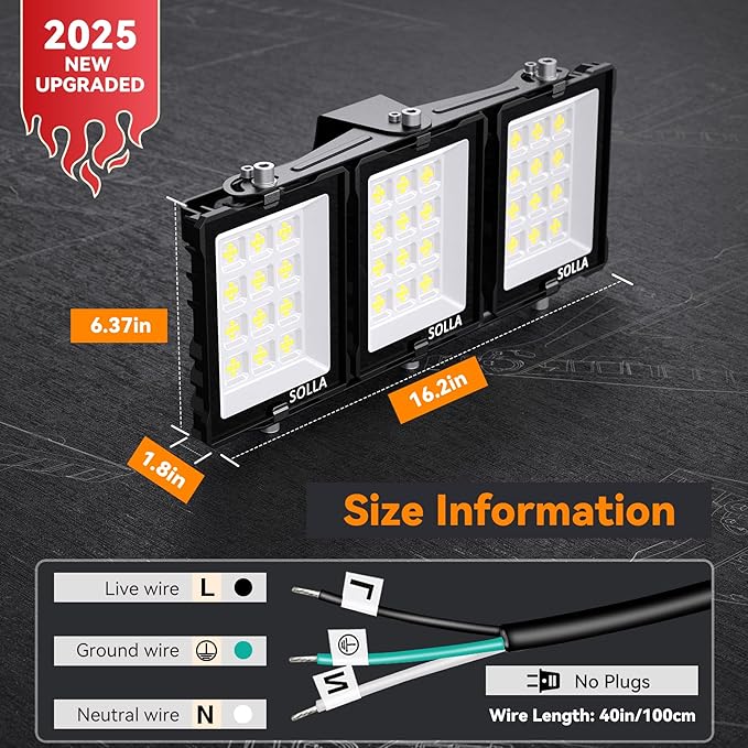 150W 2024 Plus New Upgraded LED Outdoor Flood Light, 15000LM 6000K Daylight White IP66 Waterproof, Stadium Lights, 3 Heads Adjustable Outdoor Floodlight Security Lights for Yards, Patios, Street