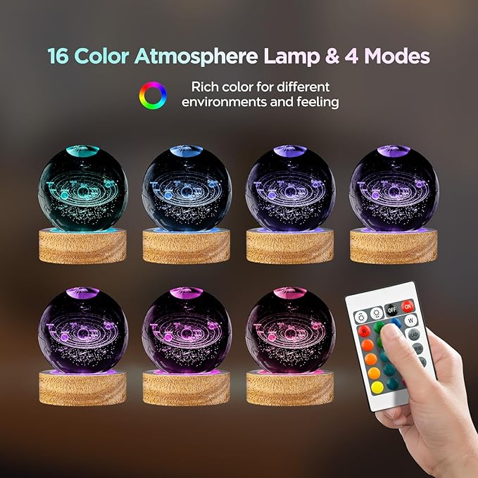 3D Solar System Crystal Ball Night Light with 16 Color, Unique 60mm Galaxy Planets Glass Ball Lamps with Remote Cool Birthday Christmas Decor Astronomy Space Gifts for Boys Girls Friends