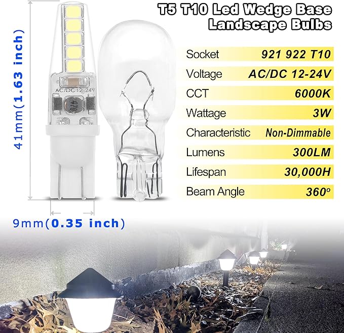ALIDE T10 T5 921 922 912 194 168 RV LED Bulbs Cool White 10-Packs, Bright 6000K LED Replacement 12 Volt Landscape Camper Trailer Boat Trunk Interior Dome Map License Backup Reverse Lights