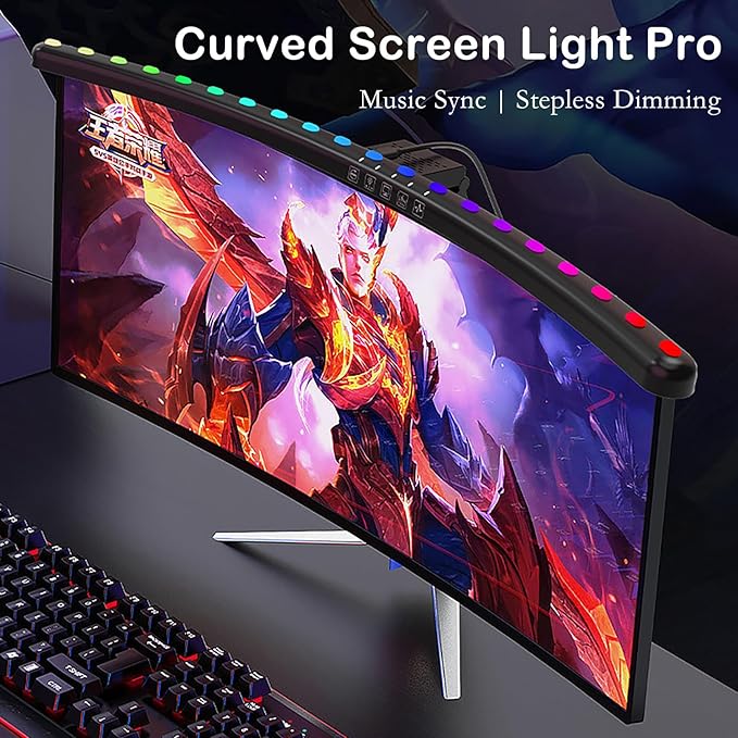 Curved Screen Light Bar Pro – RGB Music-Synced Ambient Lighting for 24”+ Monitors, Anti-Glare Desk Lamp with Touch Control, Stepless Dimming & Heavy-Duty Clamp