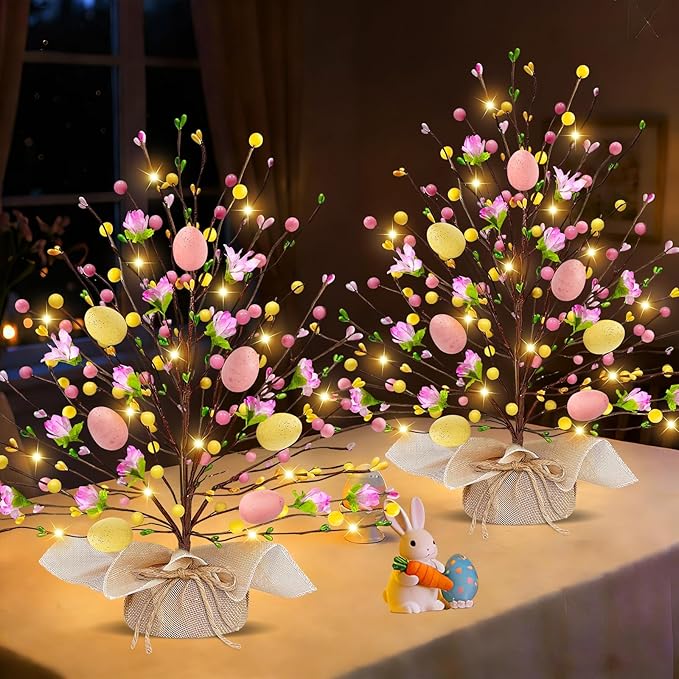 2 Pack & Timer - Easter Decorations, 18 Inch Lighted Easter Tree Tabletop with 20 LED Warm White Lights Pastel Eggs Floral Berries Battery Operated Easter Egg Tree Home Indoor Table Party Spring Decor