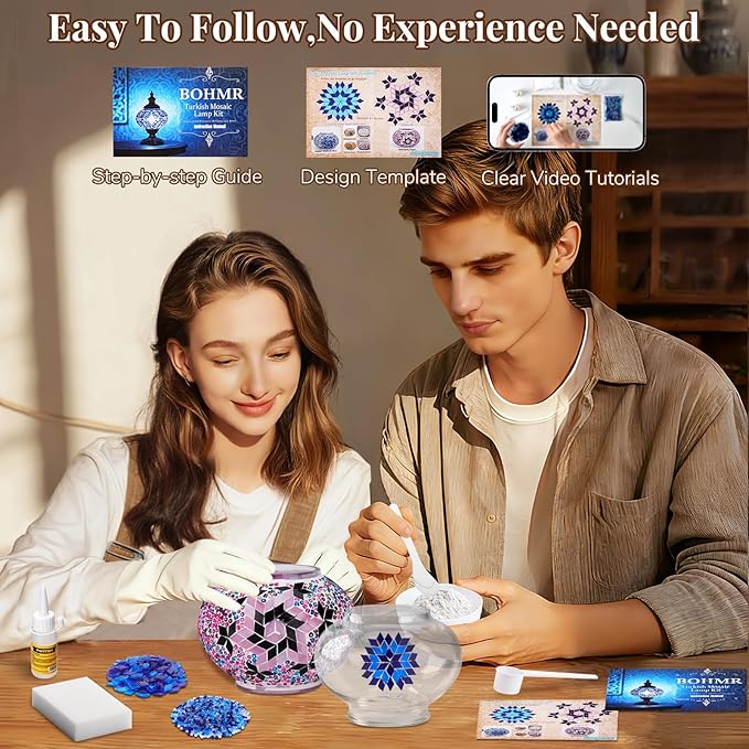 DIY Turkish Mosaic Lamp Kit, Stained Glass Table Lamp Making Kit- Easy and Fun, No Experience Needed, Mosaic Art & Craft Project Kits for Adults & Teens, Make Your Own Table Lamp,Purple