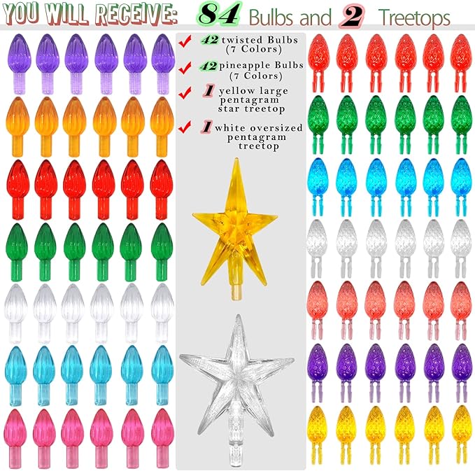 86Pcs Ceramic Christmas Tree Large Replacement Lights Bulbs/Big Tree Pegs for 16 to 30" Oversized Trees Including Twist/Pineapple & 2 Pcs Extra Large Pentagram Tree Toppers
