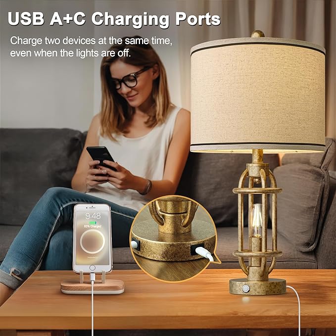 23.75'' Table Lamps Set of 2 for Living Room Bedroom Industrial Farmhouse Metal Touch Lamps with USB A+C Ports, Night Light Vintage Nightstand Bedside Lamp, Bulbs Included, Champagne Gold