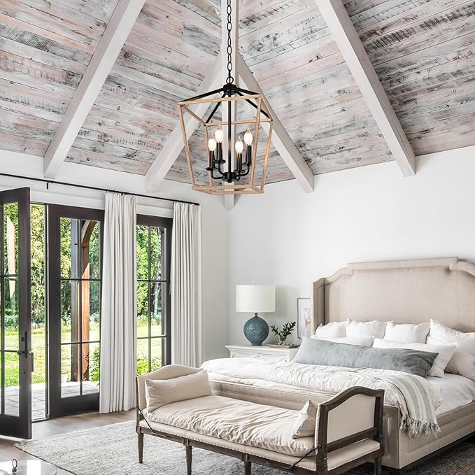Farmhouse Chandelier 4-Light, Oak Wood Pendant Light Fixture for Kitchen Island Dining Room, Lantern Industrial Lighting Ceiling Hanging with Metal Cage Adjustable Height for Entryway Foyer