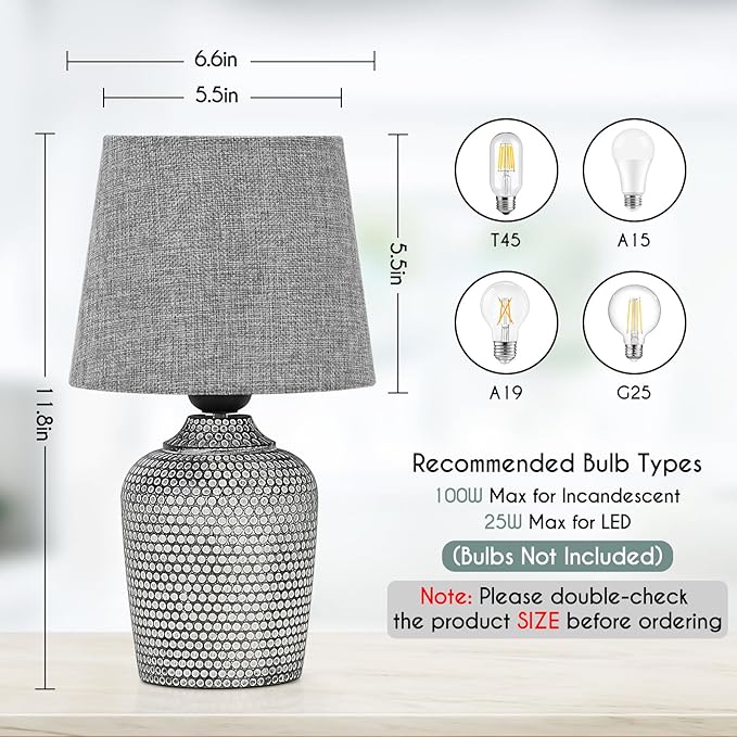 Sucolite 11.8'' Small Table Lamps Set of 2, Bedside Nightstand Lamps for Bedroom Kid’s Room, Cute Desk Lamps with Studded Texture Base for Reading Nursery Living Room Office, Grey