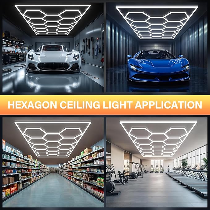 ALLYES Hexagon Garage Lights, Hex LED Ceiling Lights, 70750LM 6500K 566W, Honeycomb LED for Shop Car Detailing Office Gym Barber
