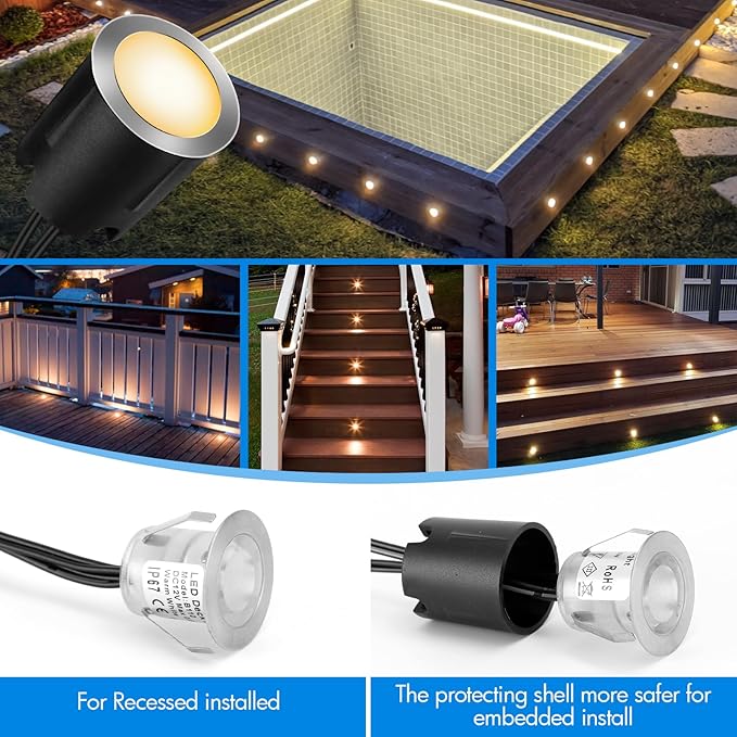 16 Pack LED Recessed Deck Lights with Protecting Shell, IP68 Waterproof Warm White, 0.6W , Outdoor Landscape Lighting, 12V Low Voltage Deck Lights Kit for Garden Yard Step Riser Stair Decoration