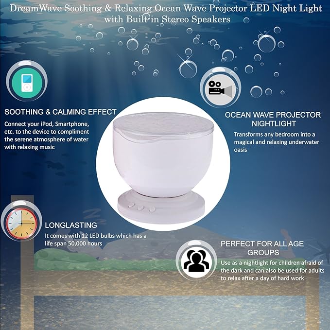Soothing & Relaxing Ocean Wave Projector LED Night Light with Built-in Stereo Speakers / (12 LED Bulbs - 8 Colors)