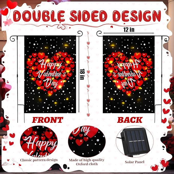 VIHOSE Valentine Garden Flag, 12 x 18 Inch Double Sided Solar Powered LED Heart Flag with Lighting 8 Modes Happy Valentine Red Love Heart Yard Flags Outdoor Banner for Valentine's Day Decorations