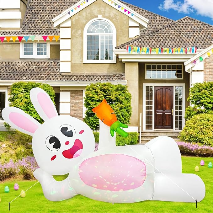 OurWarm 8FT Easter Inflatables Outdoor Decorations, Lying Inflatable Easter Bunny Decor, Easter Bunny Blow up Inflatable with LED Lights, Easter Blow Ups for Outside Holiday Roof Lawn Yard Decor