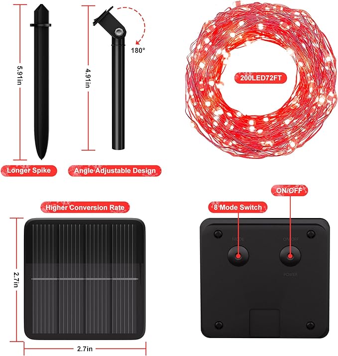 Solar String Lights for Outside, 72Ft 200 LED Solar Fairy Lights with 8 Modes, Solar Powered Fairy Lights Waterproof for Christmas Tree Garden Party Wedding（Red）