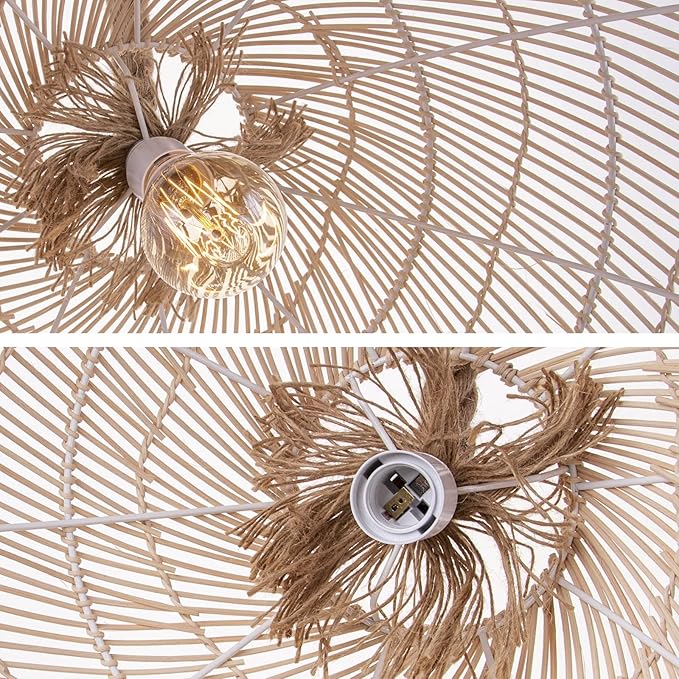Arturesthome Natural Rattan Pendant Light for Kitchen Island, Woven Rope Lamp Shade, Hanging Ceiling Light Shade, Handmade Lampshade Chandelier D 23.6in*21.6in