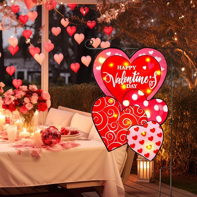 VIHOSE Valentine Garden Flag, 12 x 18 Inch Double Sided Solar Powered LED Heart Flag with Lighting 8 Modes Happy Valentine Red Love Heart Yard Flags Outdoor Banner for Valentine's Day Decorations