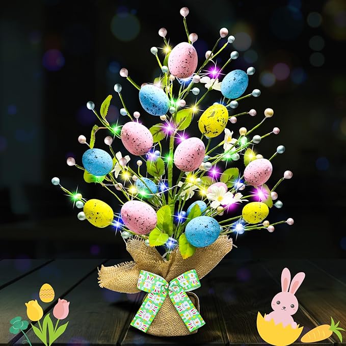 Lighted Easter Decorations 20'' Egg Tree for Tabletop Decor, Timer Egg Tree Ornaments, Easter Artificial Tree for Centerpiece Table Indoor Outdoor Spring Home Decorations