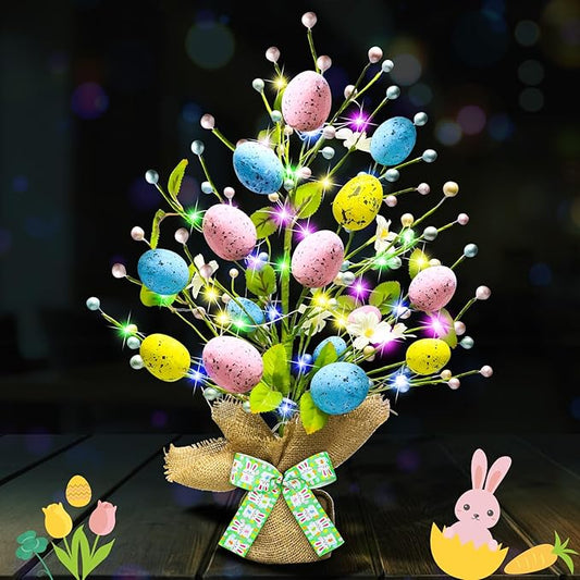 Lighted Easter Decorations 20'' Egg Tree for Tabletop Decor, Timer Egg Tree Ornaments, Easter Artificial Tree for Centerpiece Table Indoor Outdoor Spring Home Decorations