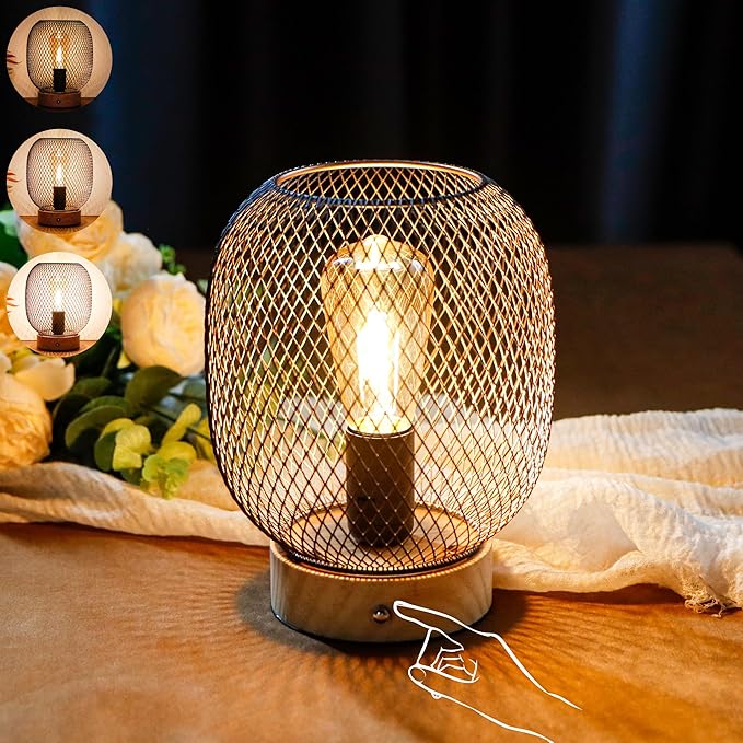 JHY DESIGN Dimmable Touch Bedside Table Lamp Metal Cage Rechargeable Battery Powered Lamp with LED Bulb for Weddings Parties Patio Events for Indoors Outdoors(Round, Wooden Base)