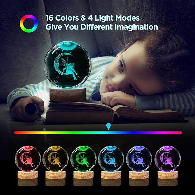 3D Moon Fairy Crystal Ball Night Light with Remote Upgraded 3.15 In Fairy Moon Figurine Glass Ball Lamp with 16 Color Wooden LED Base Elegant Fairy Room Table Decor Gifts for Kid Teens Women