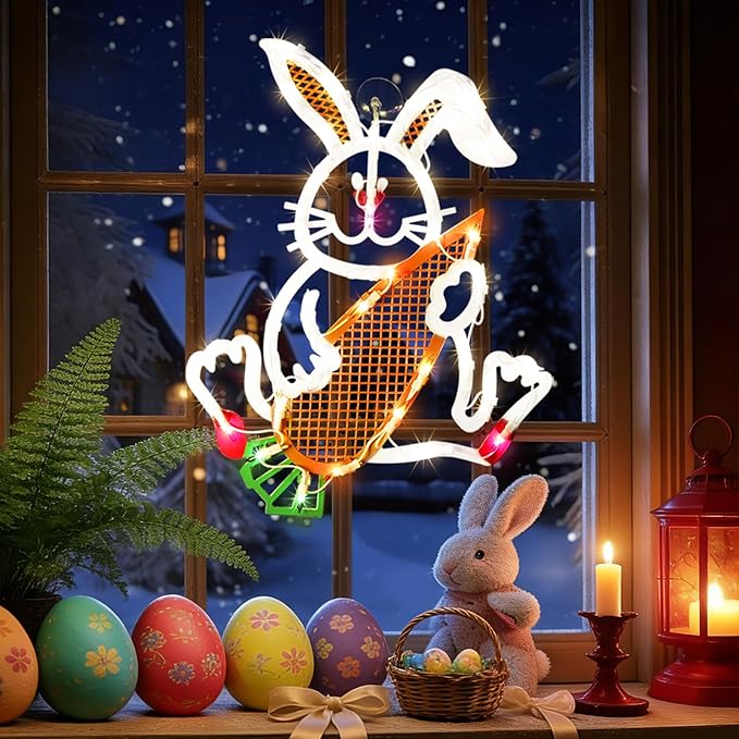 17" 35LED Lighted Bunny with Carrot Easter Decor, Cute Warm Glow for Home, 120V Plug-in, UL Certified