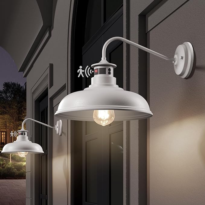 Set of 2 Gooseneck Outdoor Wall Lights Fixtures,Dusk to Dawn Motion Sensor Sconce Farmhouse Barn Lamp for Patio,3 Modes Dimmable Exterior Porch Light Wall Mount Lighting White with Rotary Dial Control