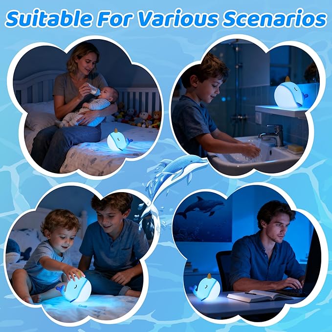 Blue Narwhal Night Light, Cute Squishy Silicone Lamp, Dimmable Touch Control Narwhal Gifts for Boys Girls, Ocean Animal Nursery Lamp for Birthday Christmas Decor