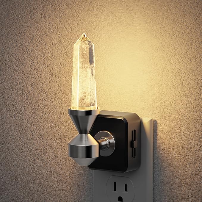 JandCase LED Night Light with Clear Quartz Healing Crystal Tower, Dimmable Night Lights Plug into Wall, Warm Light 3000K, Dusk to Dawn Sensor Nightlights for Home Living Room Bedroom Decor